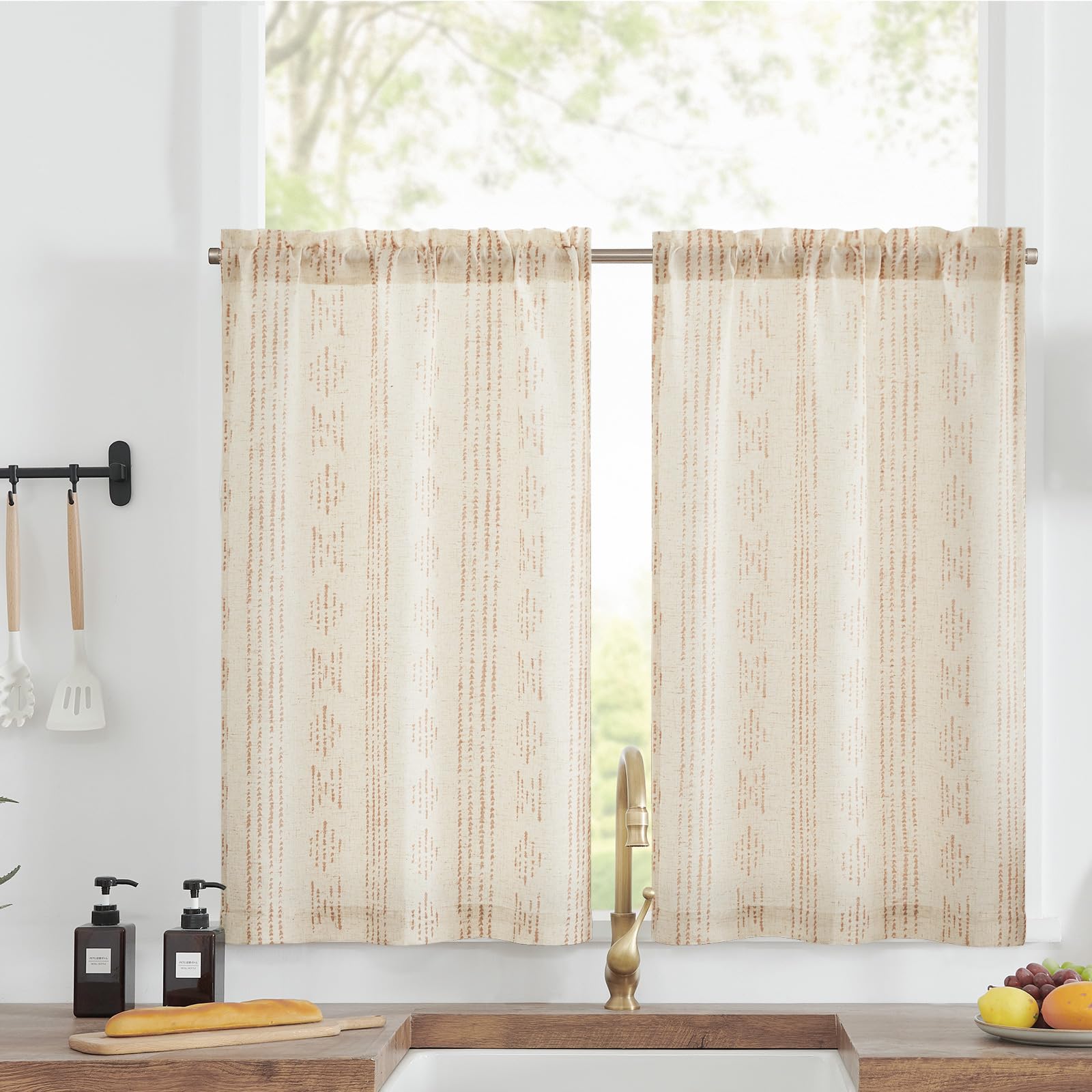 Jinchan Boho Kitchen Curtains Linen Tier Curtains 45 Inch Long Bohemian Cafe Curtains Geometric Striped Small Window Curtains Farmhouse Country For Bathroom Rv Light Filtering 2 Panels Taupe On Beige